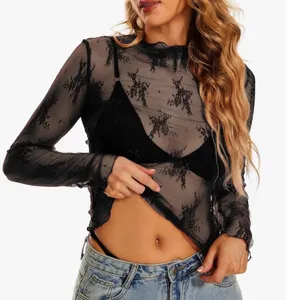Long Sleeve Sheer Floral Top Black Sexy Mesh Layering See Through Lace Alt Baddi thumbnail 8