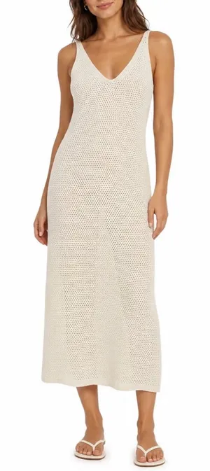 HM Cream Crochet Knit Maxi Dress Sleeveless V-Neck Cotton Blend Size S thumbnail 1