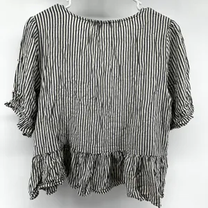 Madewell Courtyard Ruffle-Hem Blouse Top Striped V Neck Button Black White M thumbnail 6