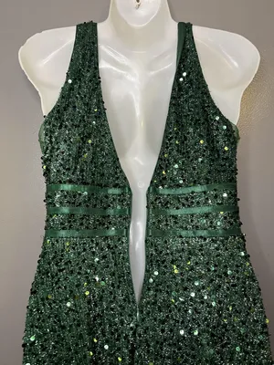 FAERIESTY Dress Womens Medium Green Sequin V-Neck Fit & Flare Maxi Formal Gown thumbnail 12