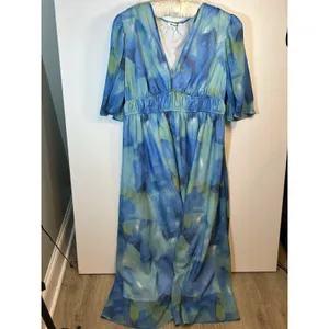 Sissyyaki Women’s XL Blue Green Watercolor Floral V Neck Empire Waist Maxi Dress thumbnail 2