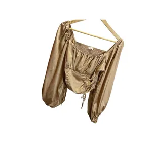 Idem Ditto Boutique Gold Smocked Ruffle‎ Blouse size M Bell Sleeve Retro Cropped thumbnail 4
