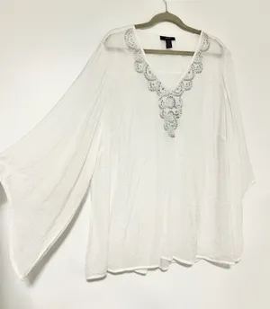 Alfani Boho 22W White Silver Sequin Beaded V-Neck Kimono Sleeve Tunic Top Womens thumbnail 1