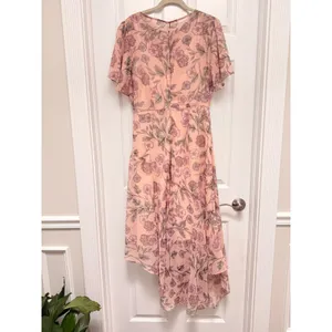 ASTR The‎ Label Pink Floral Metallic Asymmetric Midi Dress Flutter Sleeve Large thumbnail 3