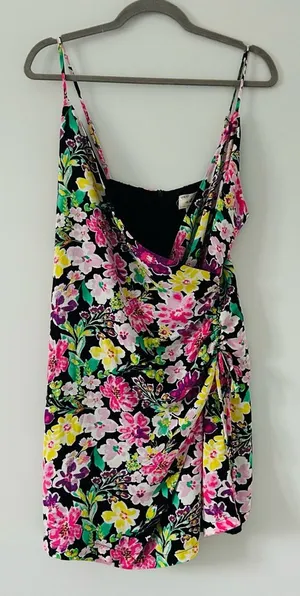 Free People En Elly Floral Black Multi Color Sleeveless V Neck Mini Dress NWT L thumbnail 1