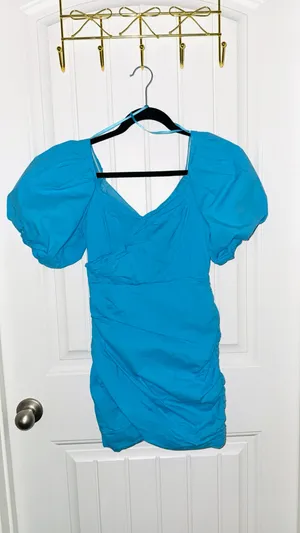 Blue Ruched Puff Sleeve Dress thumbnail 4