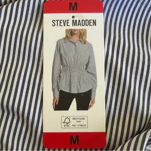 NEW Steve Madden Smock Waist Stripe Button Up 100% Cotton Longsleeve Top, Size M thumbnail 14