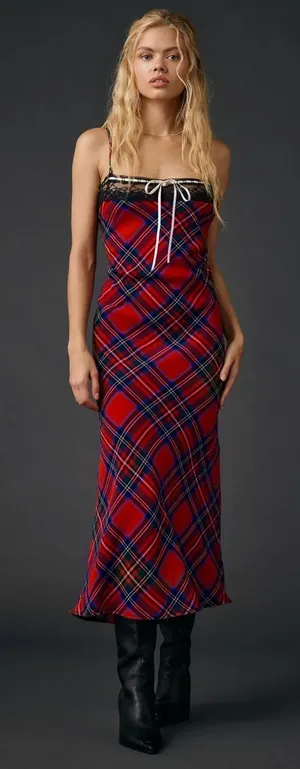 Urban Outfitters Plaid For You Lace Trim Slip Midi Dress NWT Medium thumbnail 1