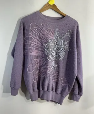 Womans Rafael Medium Purple Textured Embroidered Long Sleeve Pullover Sweatshirt thumbnail 1