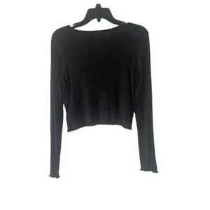 American Eagle Women's Size Large Black‎ Speckled Lettuce Edge Cropped Top thumbnail 7