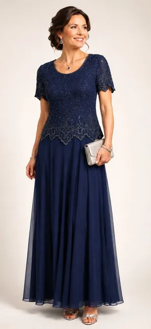 Laurence Kazar Navy Beaded Evening Dress Maxi Gown Sheer Overlay Formal M thumbnail 1
