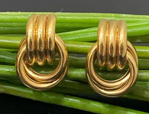 Vintage Gold Tone Grooved Tube Interlocking Knot Modern Chunky Clip On Earrings thumbnail 1
