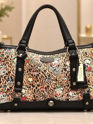 Ed Hardy Leopard Tattoo Skull Rhinestone Satchel Crossbody NWT thumbnail 2