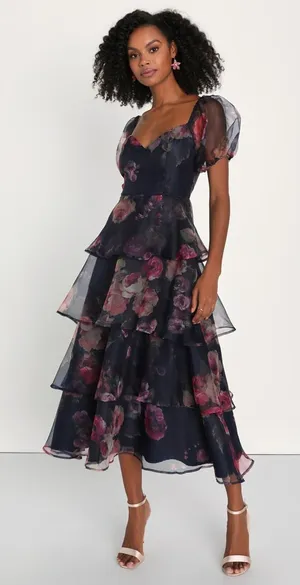 Lulus Oh-So Stunning Navy Blue Floral Organza Tiered Midi Dress Cocktail Small thumbnail 1