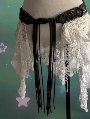 White Crochet Lace coverup with Brown Fringe Waistband thumbnail 1