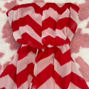 Red & White Chevron Strapless High-Low Dress 💋 Flowy Chiffon Summer Babe Mini Maxi | Size S thumbnail 3