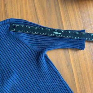 George Ribbed Knit V Neck Top L Dark Blue Short Sleeve Office Chic Fall Capsule thumbnail 5