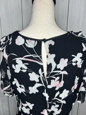 White House | Black Market Sz 8 Chiffon Black Garden Floral Elastic Waist Midi Dress Keyhole Neckline thumbnail 11