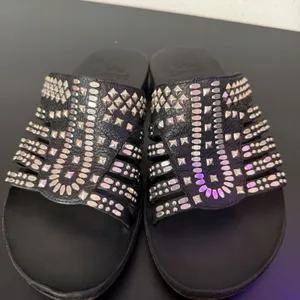 Colleen Cordero Silver Studded Slide Sandals Womens 9 Black Leather Slip On Flat thumbnail 7