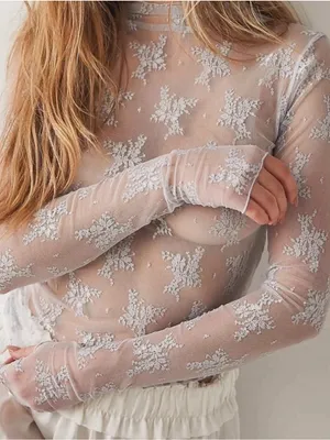 Free People Lace Luxe Sheer Layering Top Mock Neck Light Gray Size XS Feminine thumbnail 3