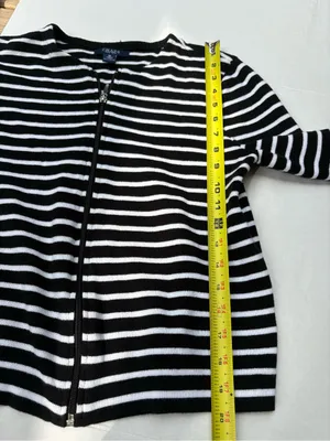 Chaps 100% Cotton Workwear Black & White Striped Zip-Front Cardigan Size M thumbnail 5