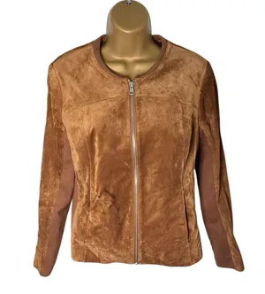 Soia & Kyo Suede Leather Jacket Full Zip Ribbed Panels Brown M thumbnail 1