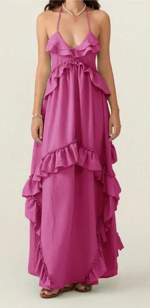 Rosa Clothing Halter Tie Neck Maxi Dress Tiered Billowy Ruffles Medium New thumbnail 1