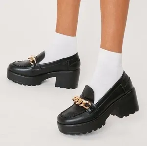 Nasty Gal Black Faux Leather Chunky Loafer with Gold Thick Chain Size 8 thumbnail 1