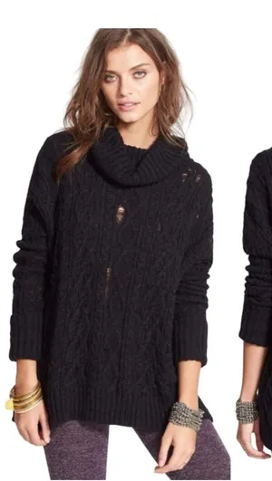 Free People Distressed Cable Knit Turtleneck Sweater Oversized Cowl Black Small‎ thumbnail 1