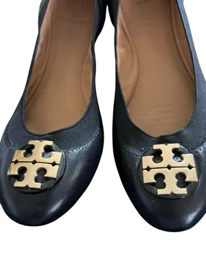 Tory Burch Elastic Ballet Flats Sz 7 Black Leather/Sole Gold Logo Medallion thumbnail 3