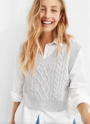 Aerie Cable Knit V Neck Sweater Vest Cream oversized Size‎ L thumbnail 1