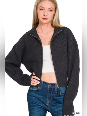 Zenana Black Ribbed Knit Two Way Zip Up Sweater Jacket Oversized Collar Cardigan thumbnail 2