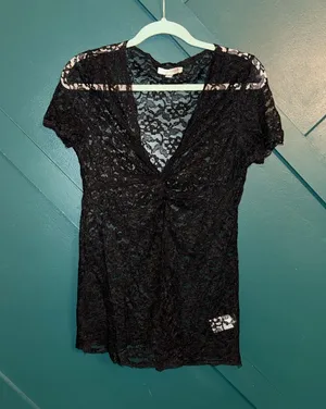 Black Lace Short Sleeve Romantic Goth Whimsigoth Grunge Y2K Top thumbnail 1