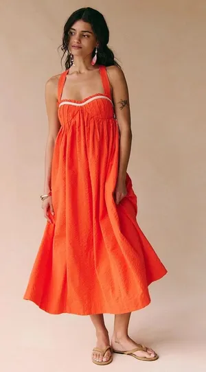 Free People Poppy Midi Dress L Orange Criss Cross Open Back Cotton Boho thumbnail 1