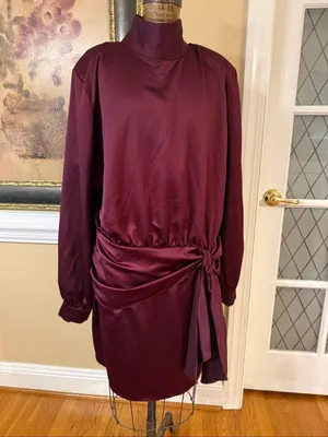 Asos Design Curve Burgundy Satin Mini Dress Tie Waist High Neck Womens Size 18 thumbnail 2