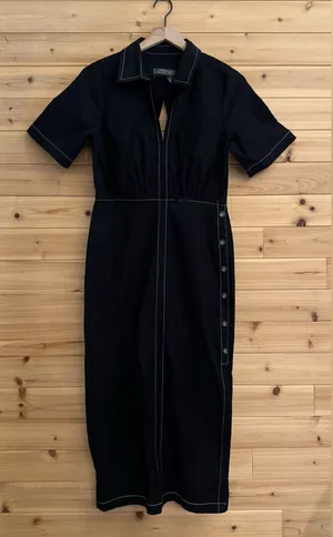 Anthropologie Size 2 Black Slim Midi Shirt Dress Business Casual Office Slit thumbnail 1