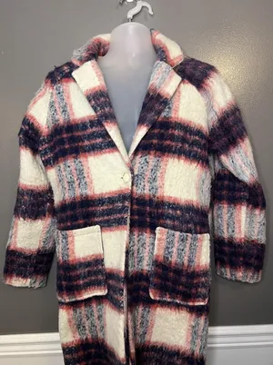 Glamorous Coat Womens Medium Pink Navy Cream Plaid Wool Blend Long Lined Boucle thumbnail 1