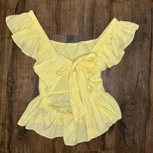 Flying Tomato Yellow Ruffle Sleeve Open Tie Back Peplum Blouse Top thumbnail 2