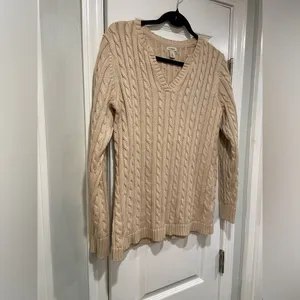 L.L. Bean Size M Tan Khaki Cotton Cable Knit V Neck Pullover Fisherman Sweater thumbnail 5