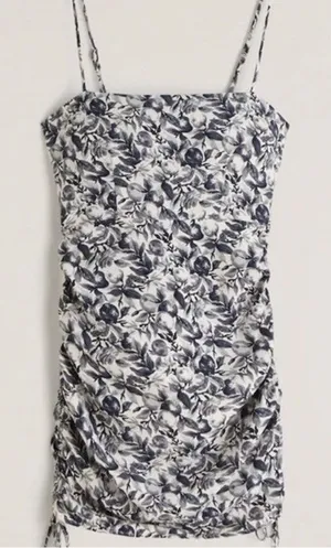 Abercrombie & Fitch Ruched Floral Side Tie Mini Dress White Blue XL Tall thumbnail 1
