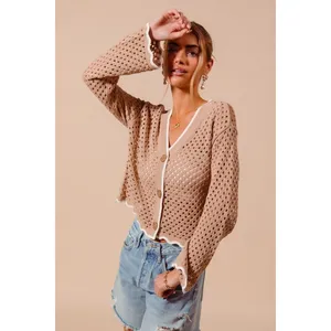SO‎ ME Open Knit Light Weight Sweater Cardigan With Contrast Wavy Scallop Edge L thumbnail 8