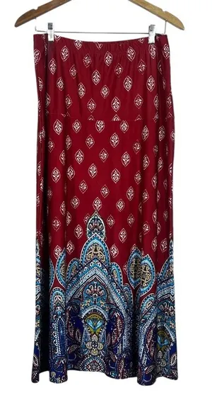 Southern Lady Paisley Medallion Border Maxi Skirt Red Boho Stretch Size M thumbnail 1