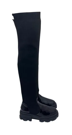 ASOS DESIGN Kimmy Chunky Flat Lug Sole Over The Knee Pull-On Boots Black Size 8 thumbnail 1