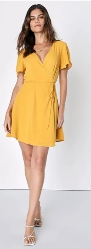 LULU's Sexy Sophisticated Mini Mustard Yellow Wrap Dress • Small NWOT thumbnail 1