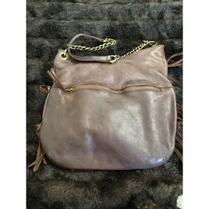 Marta Ponti Cognac brown Genuine Leather Fringe Boho Hobo Shoulder Bag 11.5x11 thumbnail 2