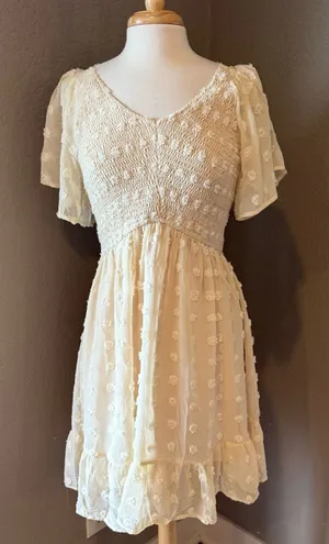 Tecrew Cream Crochet Smocked Puff Sleeve Mini Dress Large NWT thumbnail 1