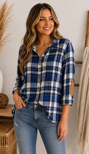L.O.G.G. H&M Label of Graded Goods Blue Plaid Flannel Shirt with Elbow Patches thumbnail 1