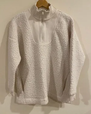 Aerie Fuzzy Fluffy Soft Pullover Warm Quarter Zip Sweater Cream Women's Small thumbnail 1