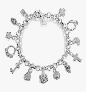 Sterling Silver Stamped 925 Charm Bracelet - Silver Heart & Cross Charms thumbnail 1