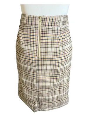 Merona Plaid Pencil Skirt Size 4 High-Waisted Wool Blend Tan Beige Zippe thumbnail 2